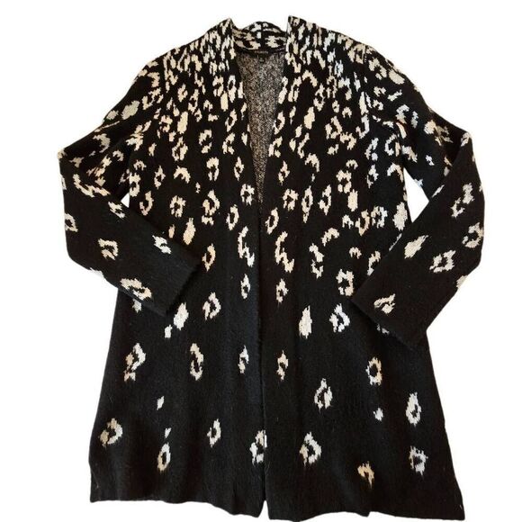 Talbots Womens Leopard Print Open Front Fuzzy Knit Cardigan Black White Medium - Picture 1 of 11